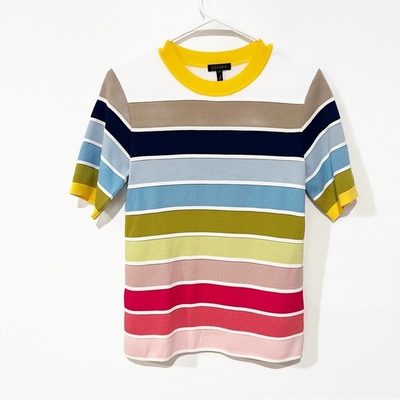 Escada Serus Striped Multicolor Colorblocked Short Sleeve Knit Sweater Top XS - Picture 2 of 9